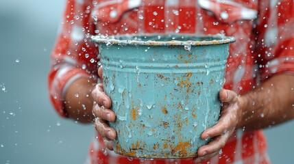 Person holding an old, weathered blue pot, with water splashing around it against a blurred background