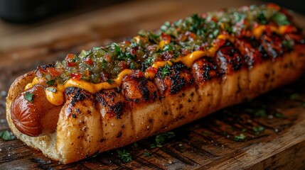 A delicious, close-up shot of a grilled hotdog on a toasted bun with flavorful toppings