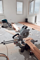 Circular saw for cutting laminate hardwood floor.