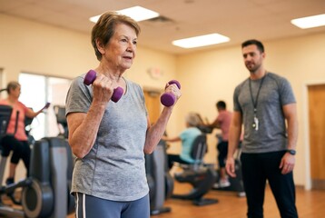 Senior woman exercising with dumbbells in gym guided by a male trainer for healthy lifestyle. Active aging concept for rehabilitation.