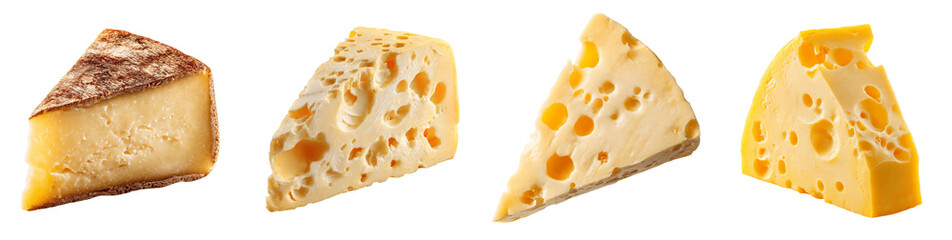 Assorted gourmet cheese wedges set including Swiss and aged hard cheese varieties, PNG, transparent background