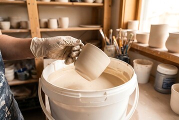 Woman with glove glazing mug in pottery studio. Clay art process for craft workshop. Handmade ceramic coating.