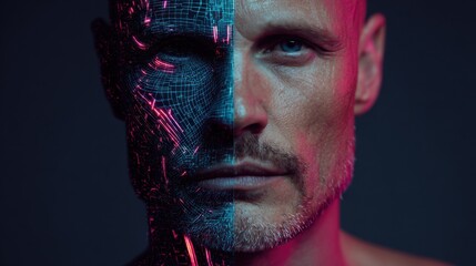 Close-up portrait of human face half overlaid with a digital overlay, symbolizing the duplication of human likenesses and a cautionary note on digital impersonation and AI-created deepfake identities.