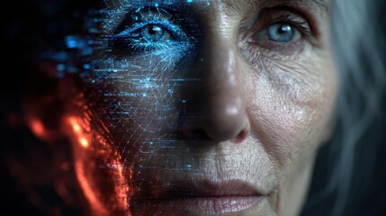 Close-up portrait of human face half overlaid with a digital overlay, symbolizing the duplication of human likenesses and a cautionary note on digital impersonation and AI-created deepfake identities.