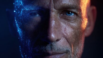 Close-up portrait of human face half overlaid with a digital overlay, symbolizing the duplication of human likenesses and a cautionary note on digital impersonation and AI-created deepfake identities.