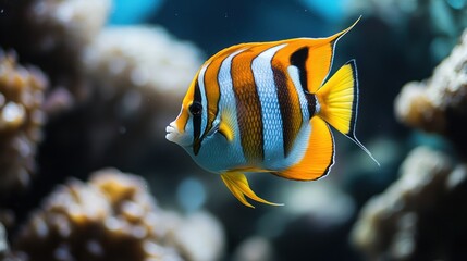 A vibrant butterflyfish gracefully glides through a marine aquarium, showcasing intricate patterns