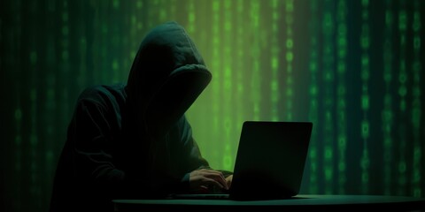 The Hacker in a Hooded Jacket Typing on a Laptop Against Matrix Code Background