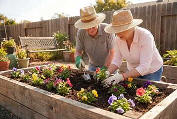 Elderly man and woman planting flowers in garden. Senior couple enjoying spring gardening. Lifestyle hobby for retired people and healthy outdoor activity.