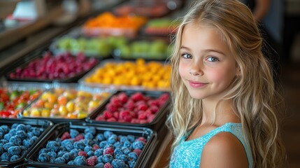Blonde child smiling, looking at camera in front of fresh fruit display at a grocery store
