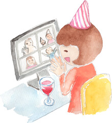 オンラインイベントに参加する女性のイラスト　ベクター