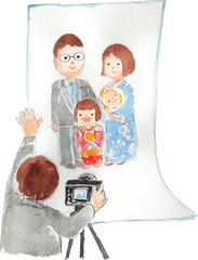 スタジオで写真撮影をする家族のイラスト　ベクター