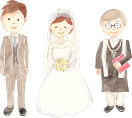新郎新婦と神父の水彩イラスト　ベクター