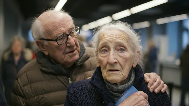 Touching portrait of elderly woman. Senior couple waiting in queue, support, care. Authentic moment of real life. Loving grandson helping grandma. Focus on wrinkles, wisdom.