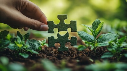 Hand placing a puzzle piece in dirt amongst young green sprouts, implying growth and partnership