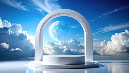 White Archway Arch And Pedestal Stage On Reflective Surface Below Blue Sky With Moon And Clouds