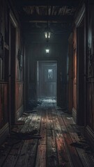 A dimly lit, eerie hallway with wooden floors and walls
