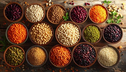 Assorted bowls of pulses and grains arranged on a rustic wooden table, showcasing a variety of textures and colors from a top-down view