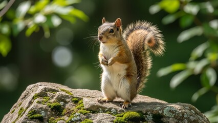 A curious squirrel standing attentively on a moss-covered rock amidst a lush natural forest setting