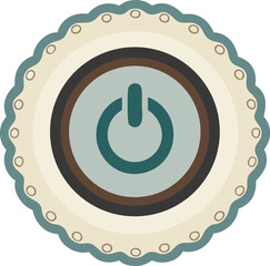 A stylized power button icon in a vintage-inspired circular badge design for technology interface