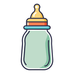 Cute baby bottle icon with a light green body and colorful accessories for infant feeding