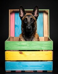 A dog sits in a colorful wooden crate against a black background