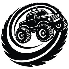 Powerful black and white monster truck illustration with dynamic speed trails