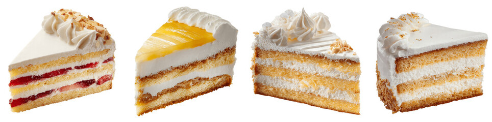 Assorted Delicious Layered Cream Cake Slices with Fruit and Nut Toppings PNG, transparent background