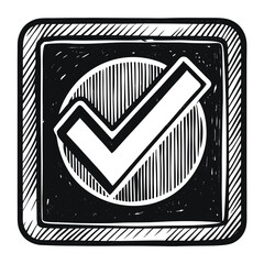 Hand-drawn black and white checkmark icon in a square frame for completion or approval