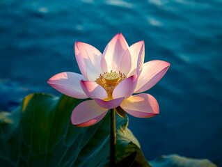 Beautiful Blooming Pink Lotus Flower in Serene Blue Pond with Morning Sunlight. Photorealistic 3D Render of Nelumbo Nucifera. Tranquil Zen Nature Background for Wellness and Meditation.
