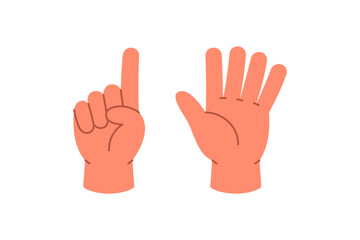 Obraz premium Hands showing number 6 with five fingers and one extra. Cartoon vector hand gesture for number learning and math education