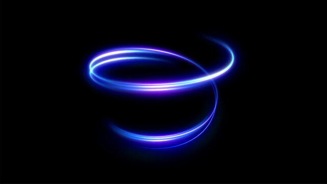 Futuristic motion vector background with neon light trails streaking through dark scene. Perfect for illustrating cyberpunk aesthetics, tech innovation, data transfer speed, and digital connectivity