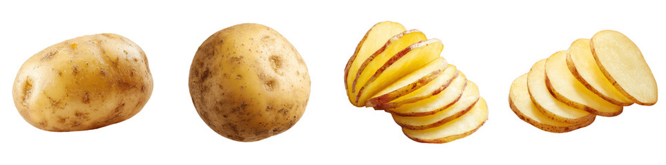 Fresh raw whole and sliced yellow potatoes vegetable collection isolated PNG, transparent background