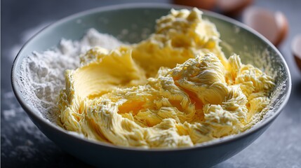 Close-up of creamy butter and flour in a bowl, ready for baking recipes, highlighting texture and ingredient details.