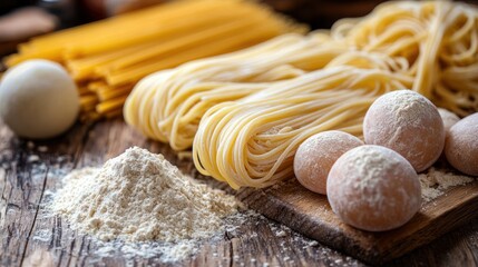 Close-up captures assortment of uncooked pasta, eggs, and flour on a rustic wooden surface