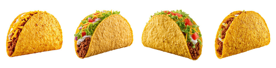 Set of four traditional hard shell Mexican beef tacos with fresh lettuce, cheese, and tomatoes, isolated on PNG, transparent background