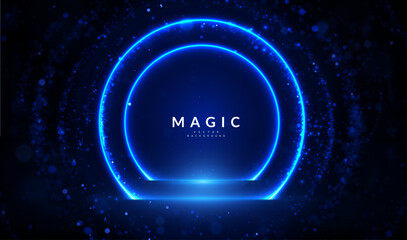 Round frame of blue bokeh lights for modern corporate awards. This tech-inspired border is perfect for digital certificates, employee achievement graphic, and innovation awards in the tech and finance