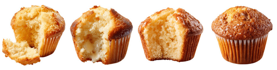 Set of four freshly baked golden vanilla muffins with bites taken out and crumbs, isolated PNG, transparent background