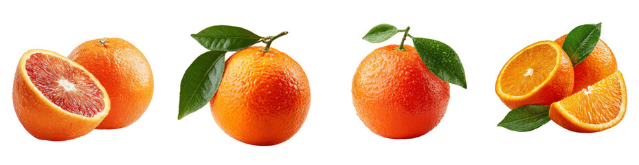 Fresh Whole and Sliced Oranges with Blood Orange and Green Leaves Set PNG, transparent background