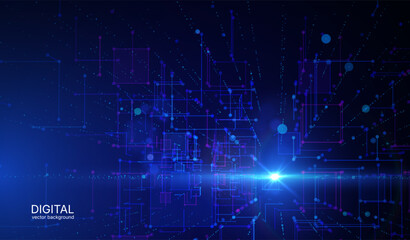 Fototapeta premium Abstract geometric background of big data space, with grid of square shapes and glowing connection dots. Network infrastructure, data centers, cloud storage mapping, digital communication frameworks