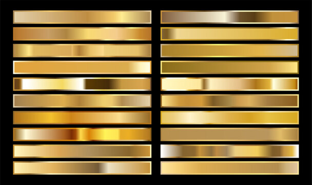Collection of editable golden gradient samples with darker shades in vector format, perfect for graphic designers. Perfect wedding stationery, award certificates and corporate identity projects