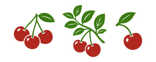 Cherry set with branches and leaves. Flat vector fruit illustration for food design, natural themes and decorative artworks