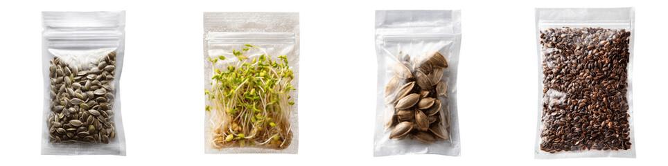 Assorted Organic Seeds and Green Sprouts in Transparent Plastic Zipper Bags PNG, transparent background
