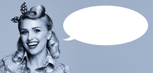 Monochrome black white image - happy cute woman in pin up plaid shirt. Expressive smile pinup girl in retro vintage ad concept. Isolate background with mockup empty speech bubble. Free text space