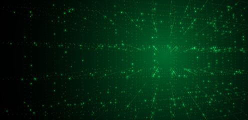 Futuristic green digital matrix space with binary code streams and glowing horizon line, symbolizing data transfer, cybersecurity, virtual networks, artificial intelligence vector background