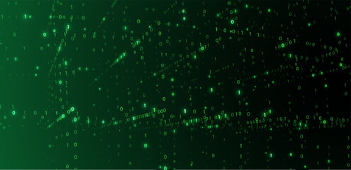 Futuristic green digital matrix space with binary code streams and glowing horizon line, symbolizing data transfer, cybersecurity, virtual networks, artificial intelligence vector background © Saibarakova Ilona
