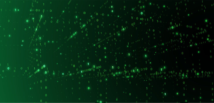Futuristic green digital matrix space with binary code streams and glowing horizon line, symbolizing data transfer, cybersecurity, virtual networks, artificial intelligence vector background