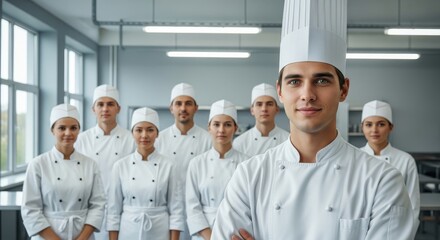 Professional Chefs in Uniform Posing Together in a Modern Kitchen