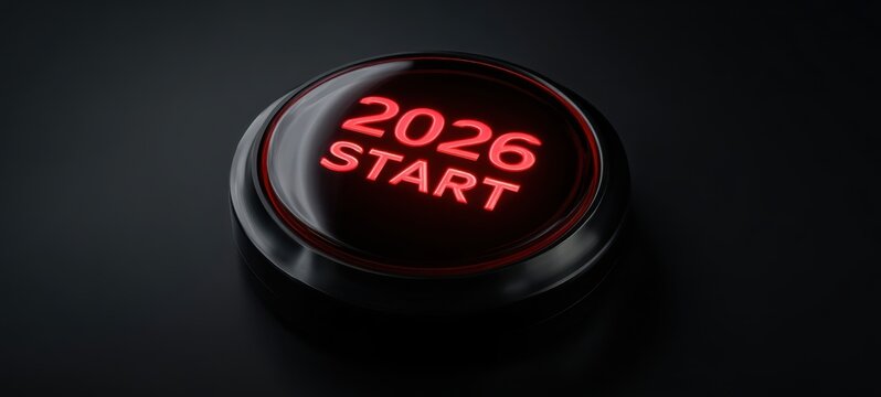 The Start Button Illuminated for 2026 Futuristic New Year Launch - Powered by Adobe