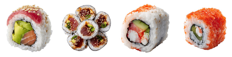 Assortment of Fresh Sushi Rolls Including Tuna Salmon Avocado Maki and California Roll with Tobiko PNG, transparent background