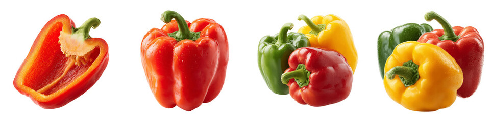 Fresh Red Yellow and Green Bell Peppers Collection Sliced and Whole Capsicum Set PNG Transparent Background